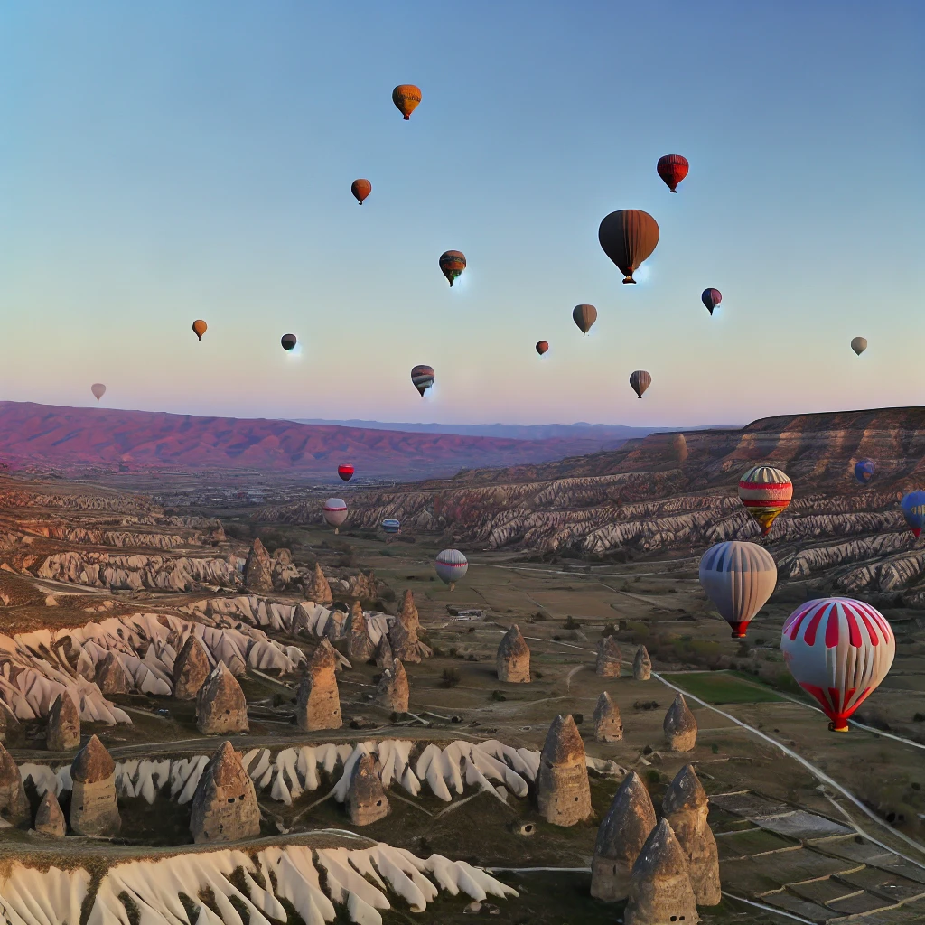 hot air balloons drifting over the surreal landscape of Cappadocia at sunrise