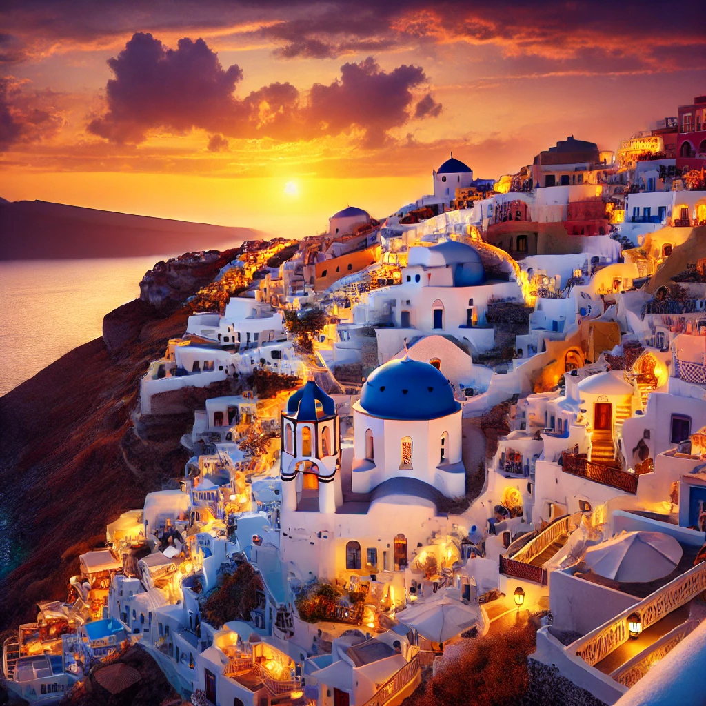  iconic whitewashed buildings of Santorini at sunset