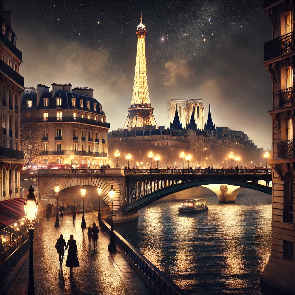 Paris at night with the Eiffel Tower illuminated