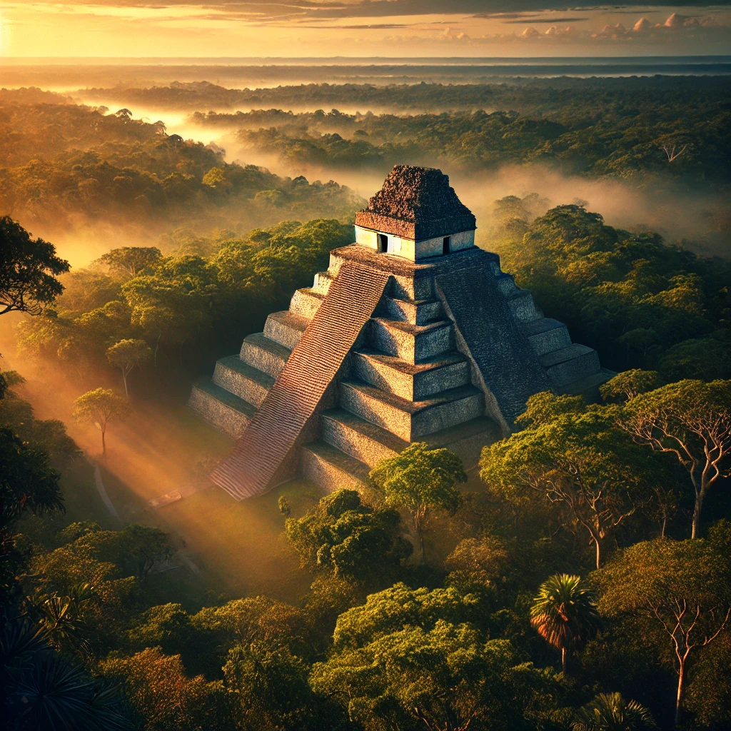 a towering Mayan pyramid rising above the lush jungle of Central America at sunrise