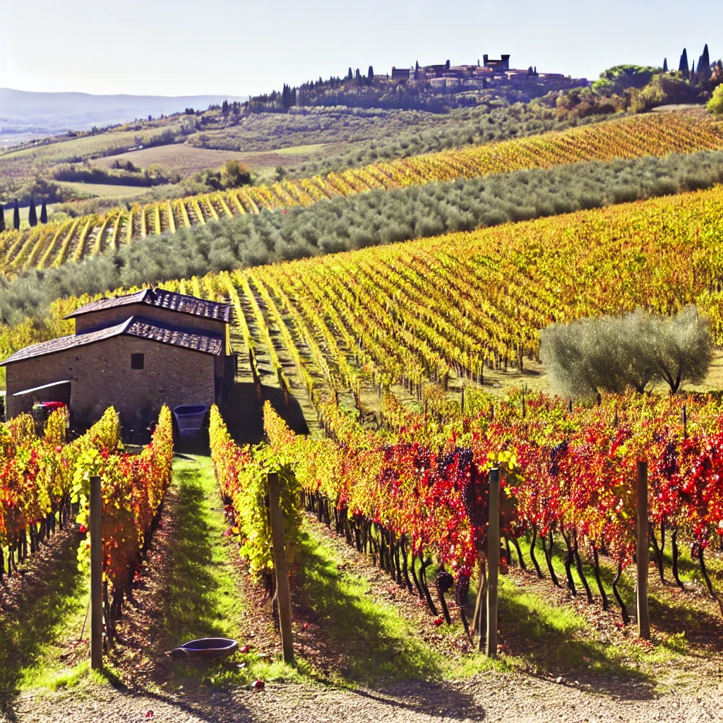 a rolling vineyard in Tuscany during autumn