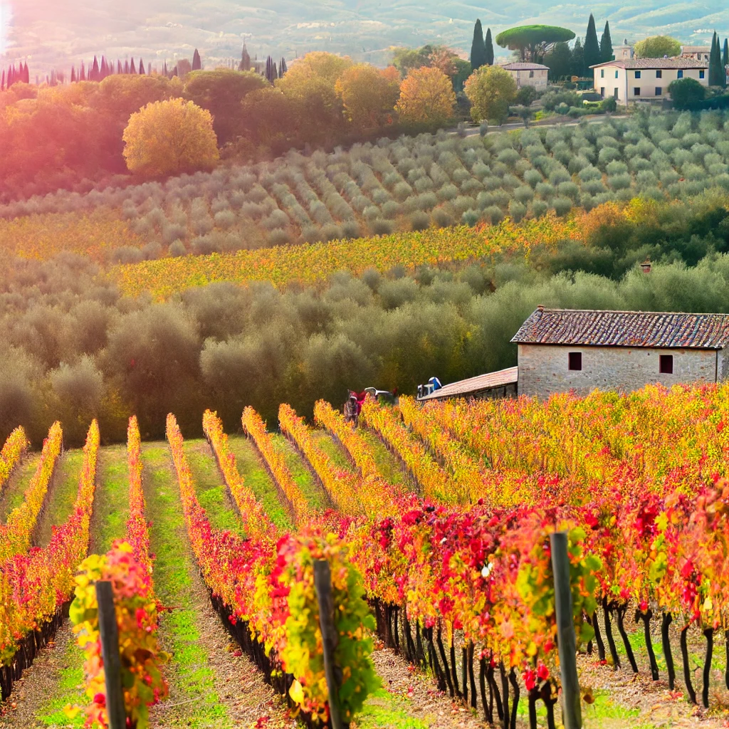 a rolling vineyard in Tuscany during autumn2