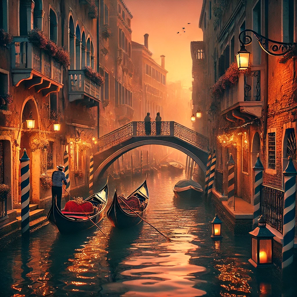 a romantic Venetian canal at dusk