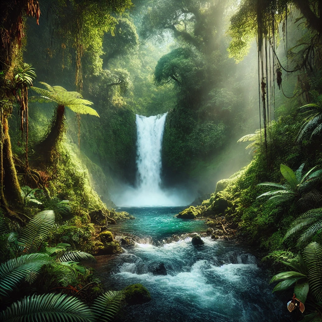 a waterfall deep within the lush rainforests of Costa Rica