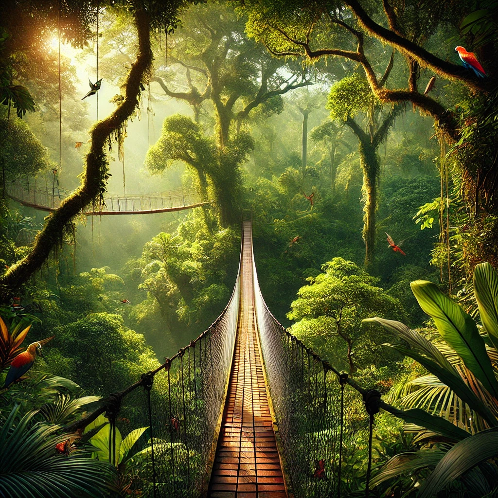 a suspension bridge above the tropical rainforest