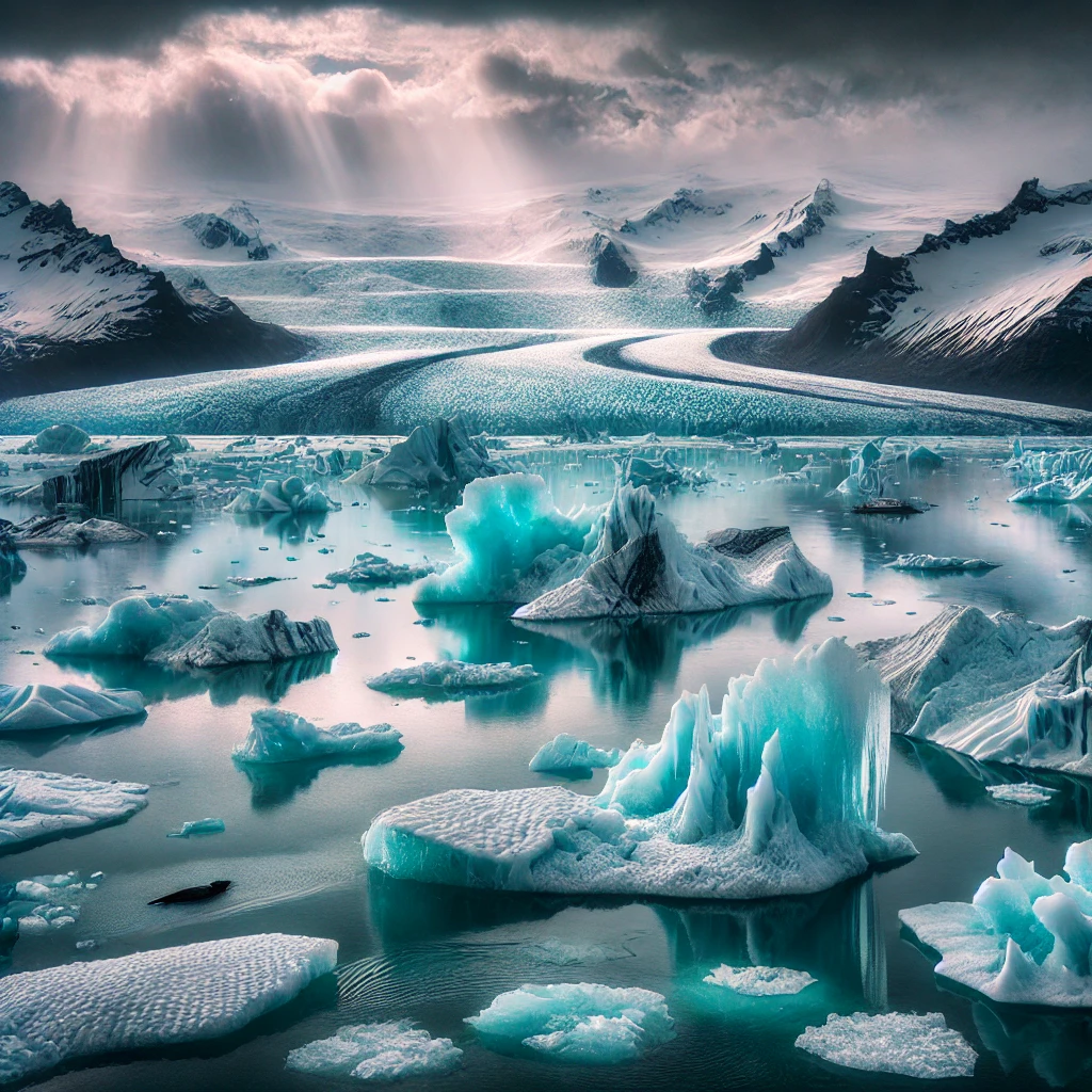 a glacier lagoon in Iceland with massive icebergs