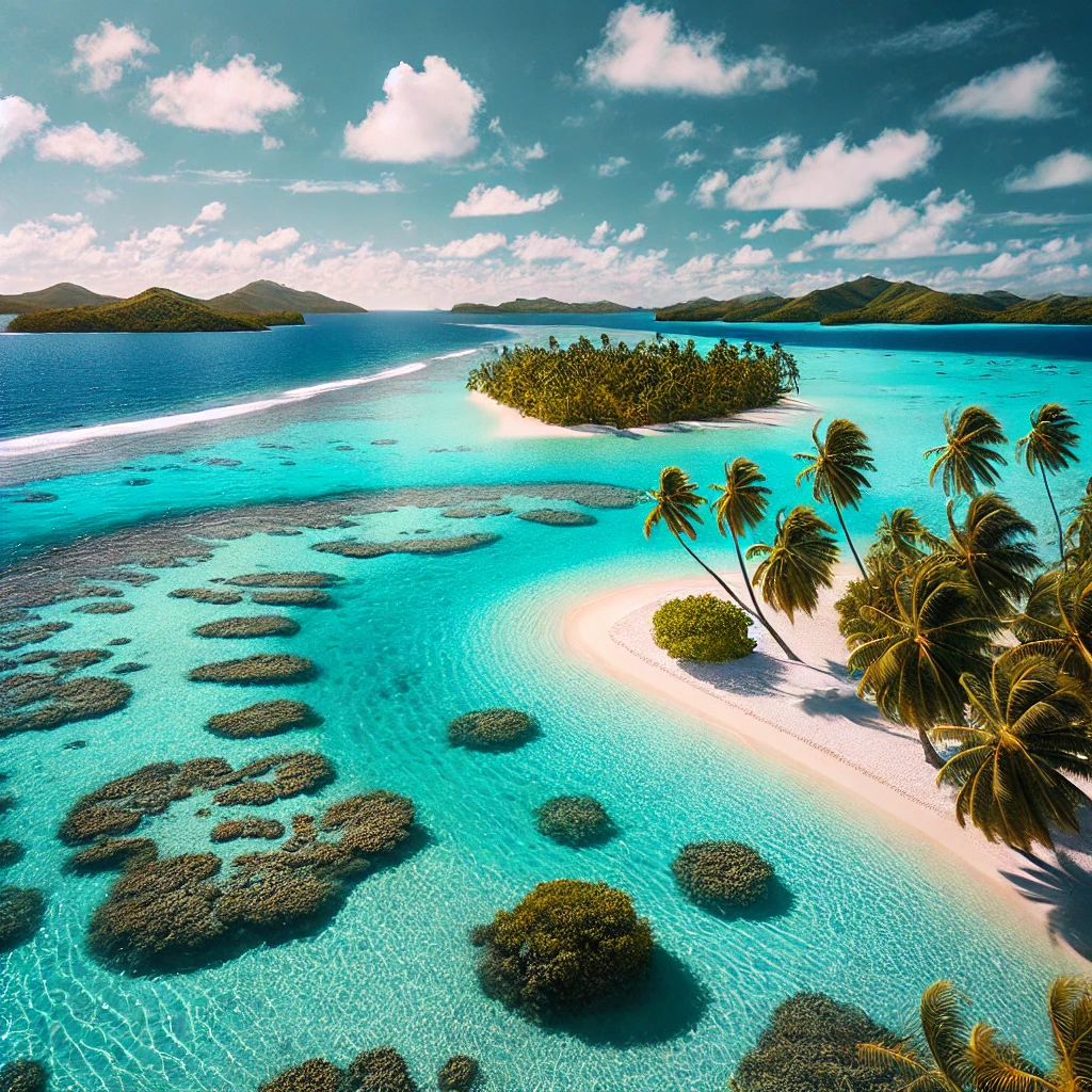 crystal-clear waters of Aitutaki Lagoon with its vibrant coral reefs and uninhabited islands