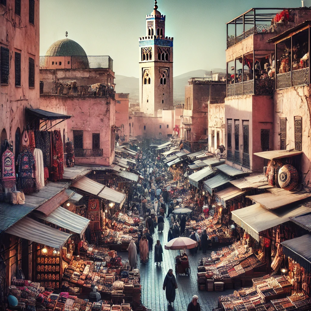 bustling medina of Marrakesh with its vibrant souks and the Koutoubia Mosque's minaret