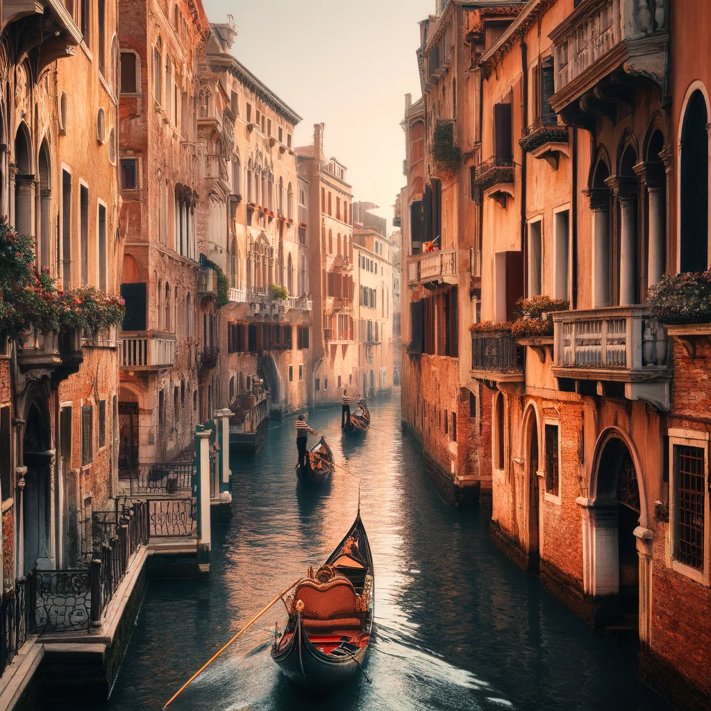 romantic canals of Venice with gondolas gliding smoothly.