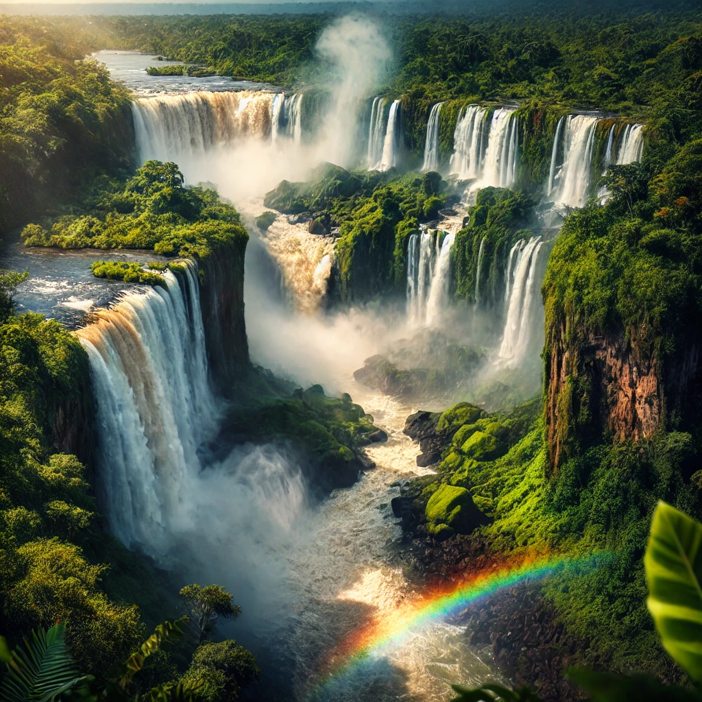 breathtaking Iguazu Falls thundering down into the lush, subtropical rainforest that straddles the border between Argentina and Brazil