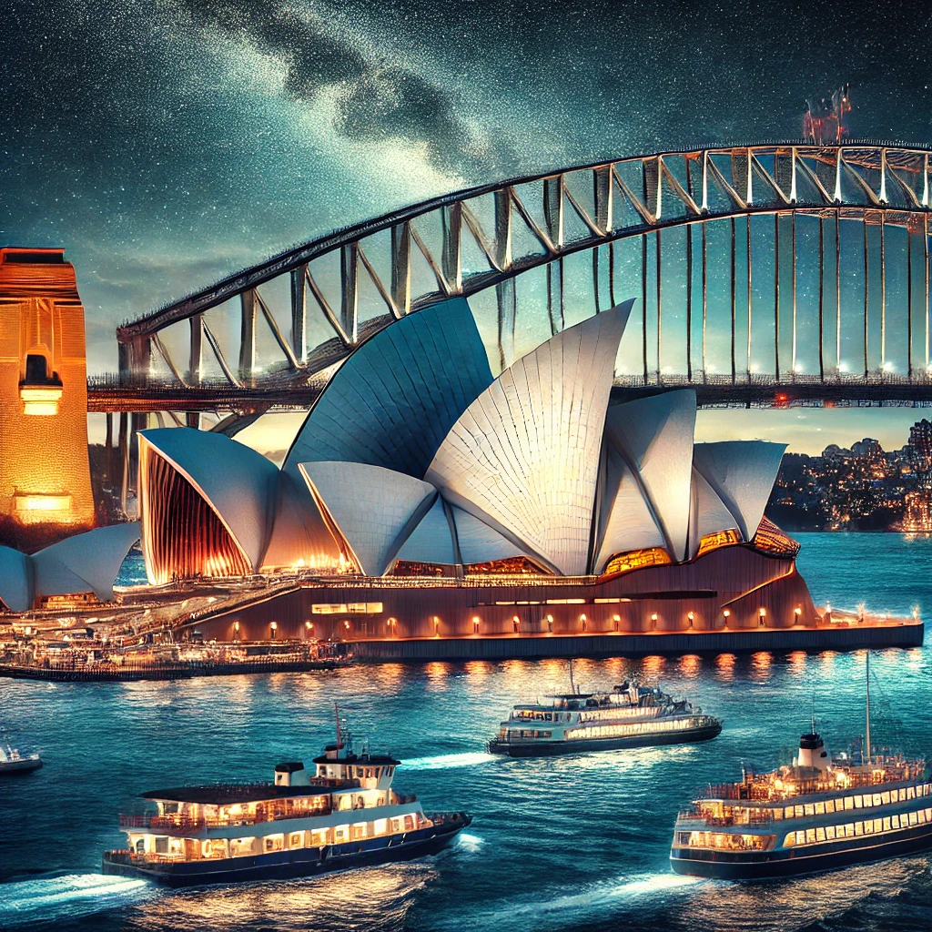 Sydney Opera House and Harbour Bridge at night