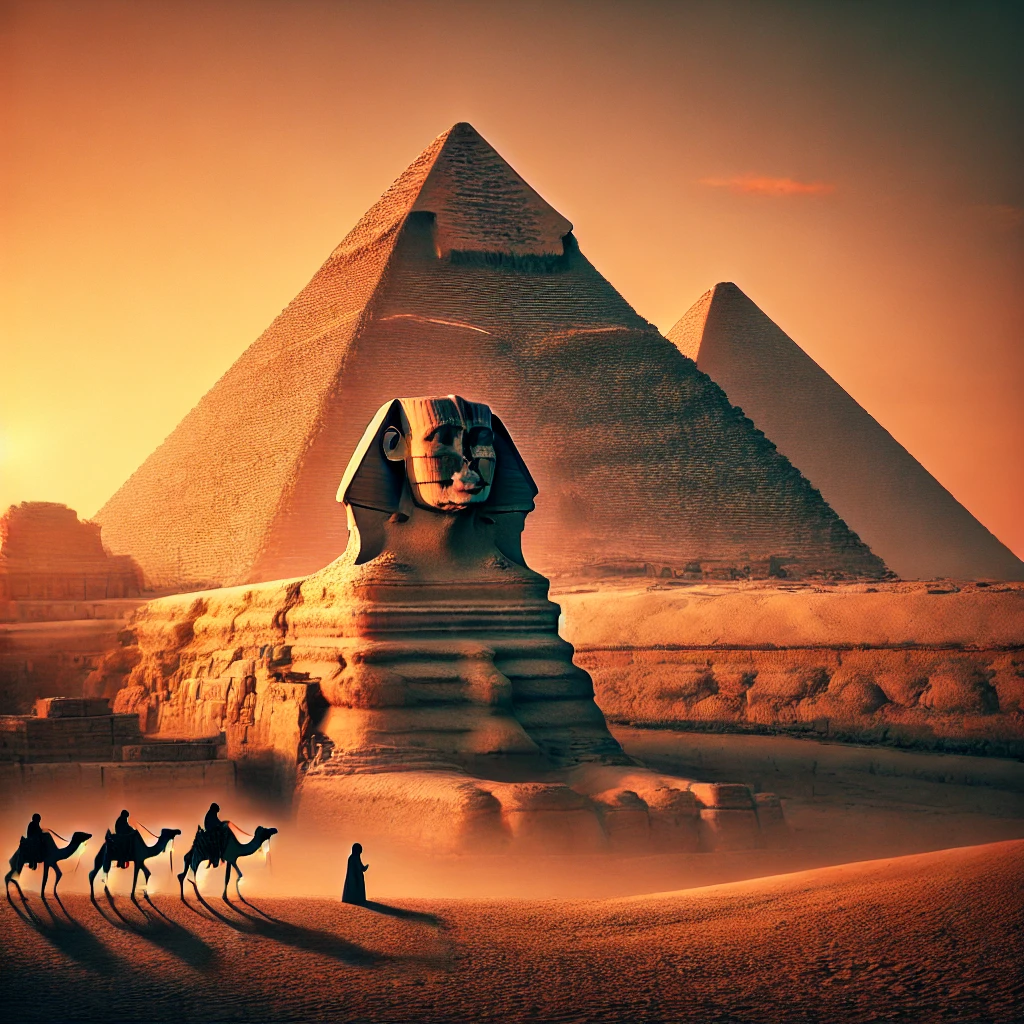 ancient Pyramids of Giza in the early morning light