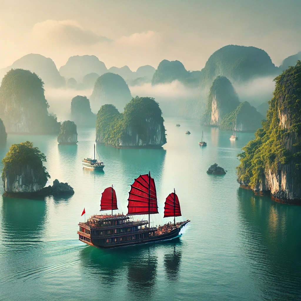 Halong Bay in Vietnam with its serene waters and limestone karsts