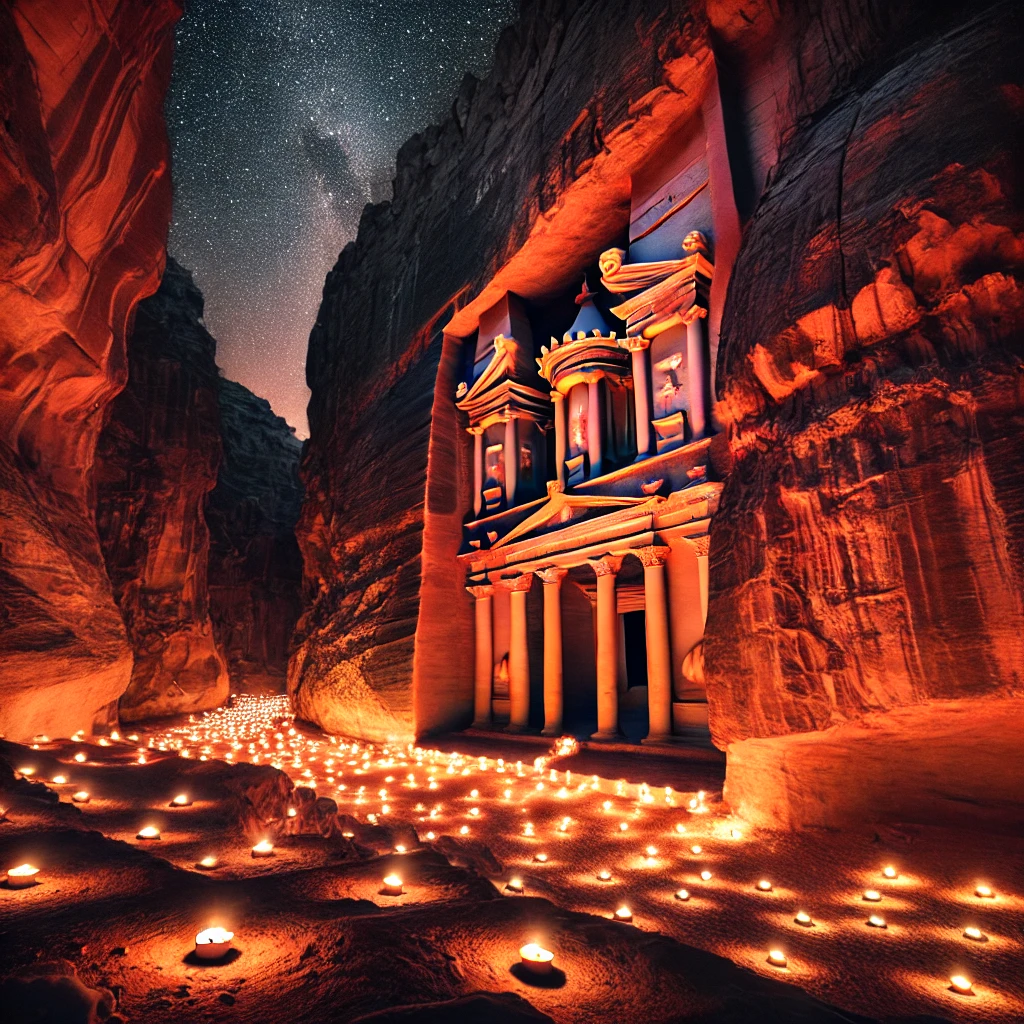 ancient city of Petra illuminated by candles