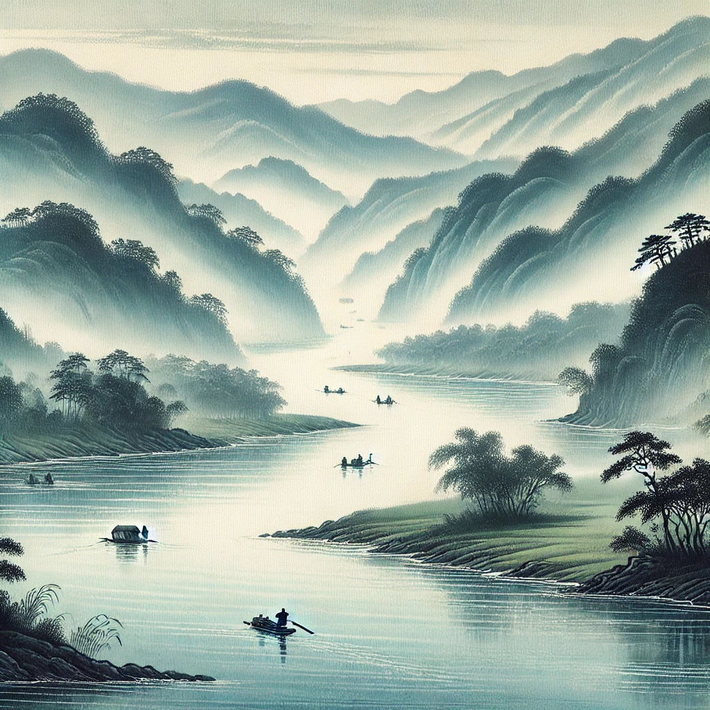 A traditional Chinese-style painting of a wide, meandering river flowing through a lush valley. The river is calm, reflecting the surrounding mountain