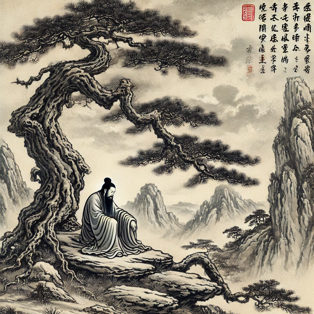 A traditional Chinese painting of an ancient scholar sitting under a towering pine tree on a rocky hillside. The brushstrokes capture the texture of t