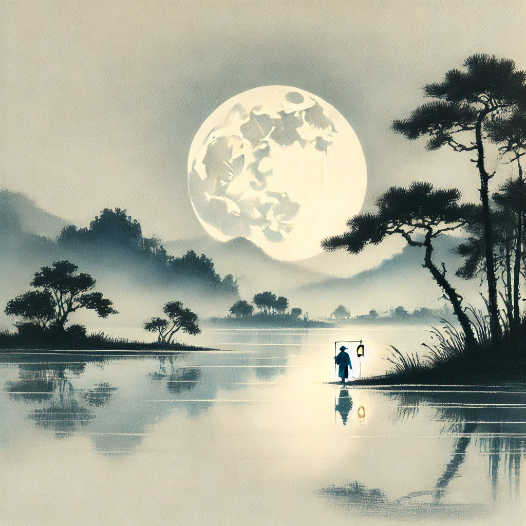 A traditional Chinese painting of a landscape bathed in the soft glow of moonlight. The brushstrokes are gentle and subtle, creating a tranquil atmosp