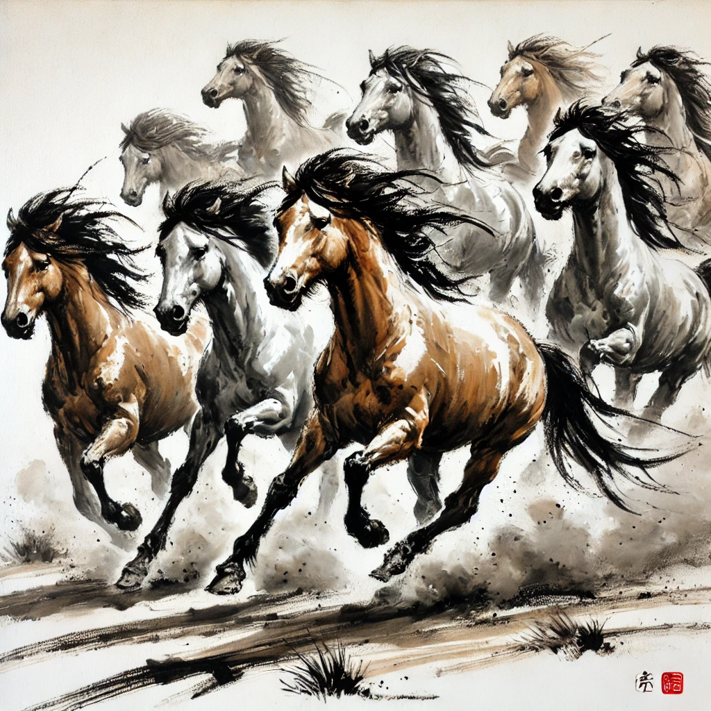 A dynamic traditional Chinese painting of wild horses galloping across an open plain. The brushstrokes are bold and energetic, capturing the movement 