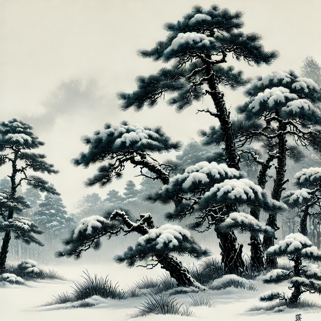 A traditional Chinese winter landscape featuring tall pine trees dusted with snow. The brushstrokes are crisp and clean, highlighting the contrast bet