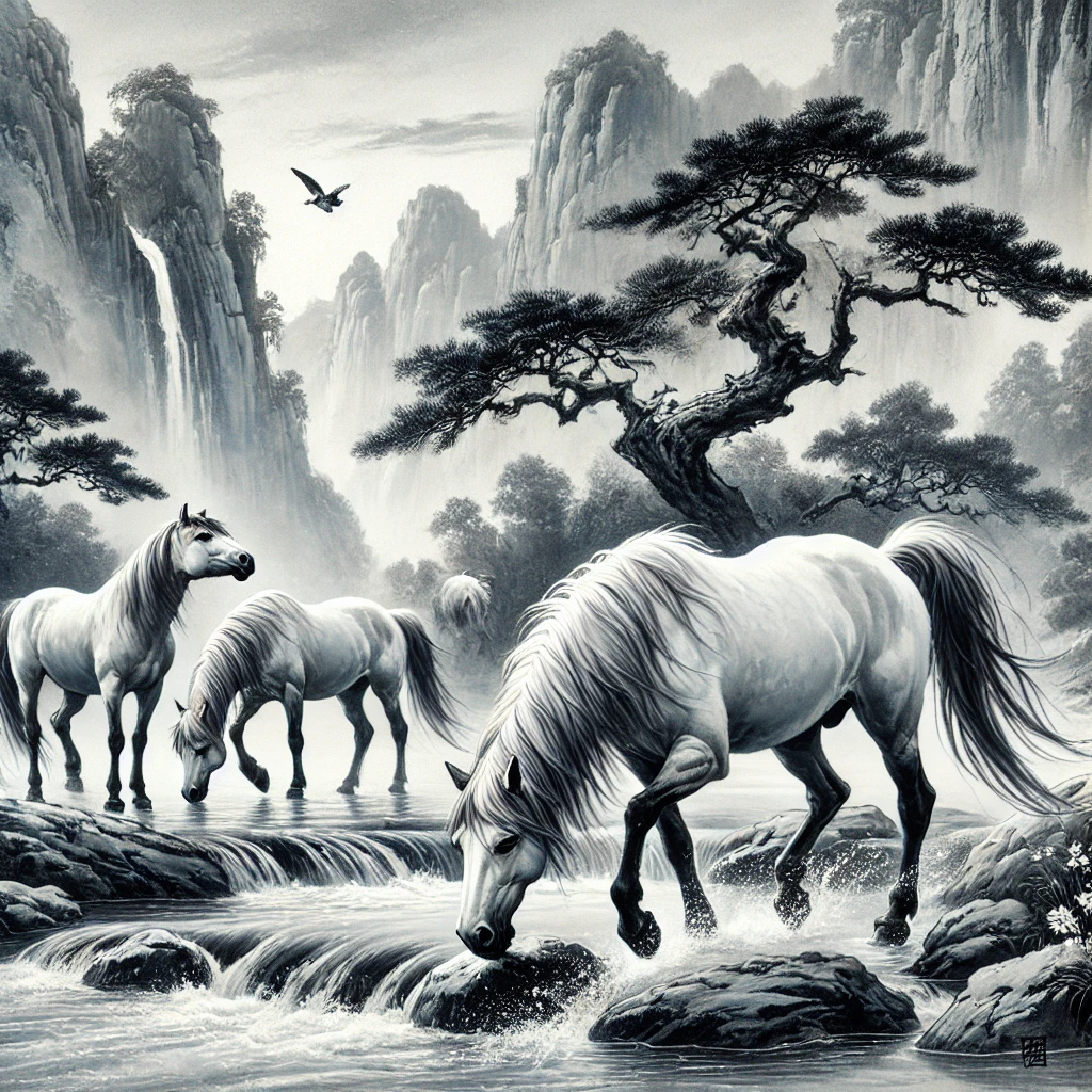 A traditional Chinese painting of wild horses pausing to drink from a clear mountain stream. The horses, symbols of freedom and spirit, are depicted w