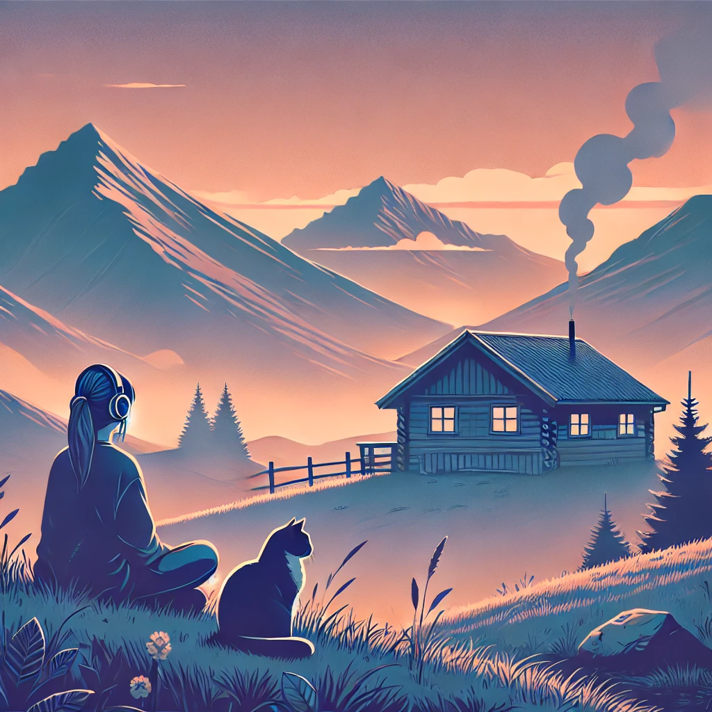 tranquil, girl, cat, mountain